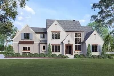 Transitional Modern Farmhouse House Plan with Two-Story Great Room