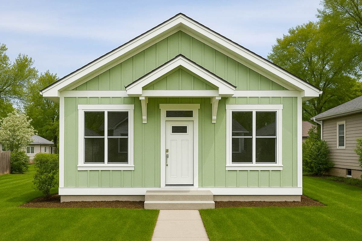 House plan exterior. One-story Craftsman with gabled roof, prominent trim, and front entry porch with corbels.