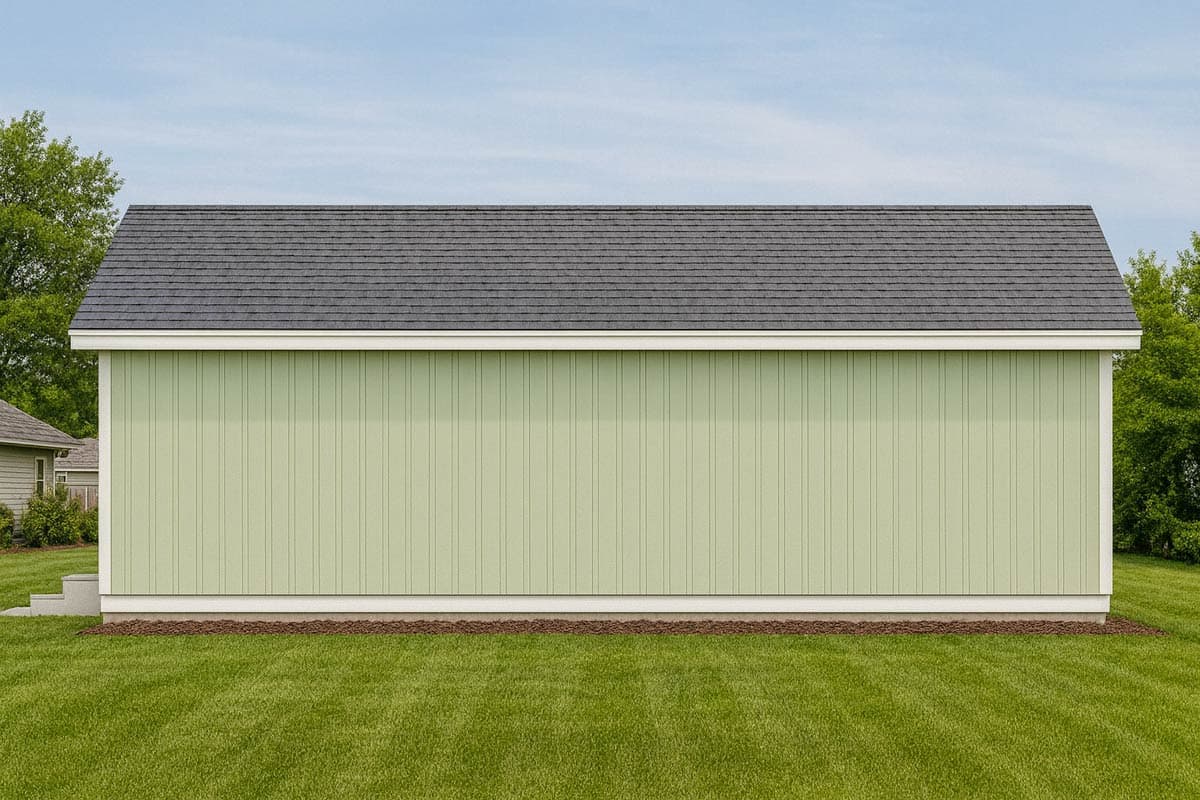 House plan exterior: one-story building with light green vertical siding, dark asphalt shingle roof, and white trim.