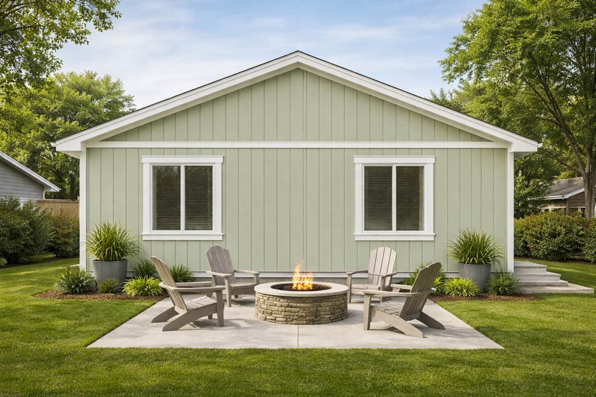 Modern Farmhouse style house plan exterior with vertical siding, two windows, and a gable roof.