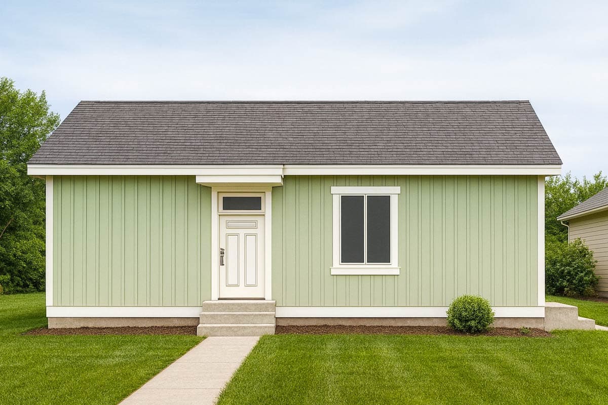 One-story house plan exterior with light green vertical siding, a central white door, and a single window.