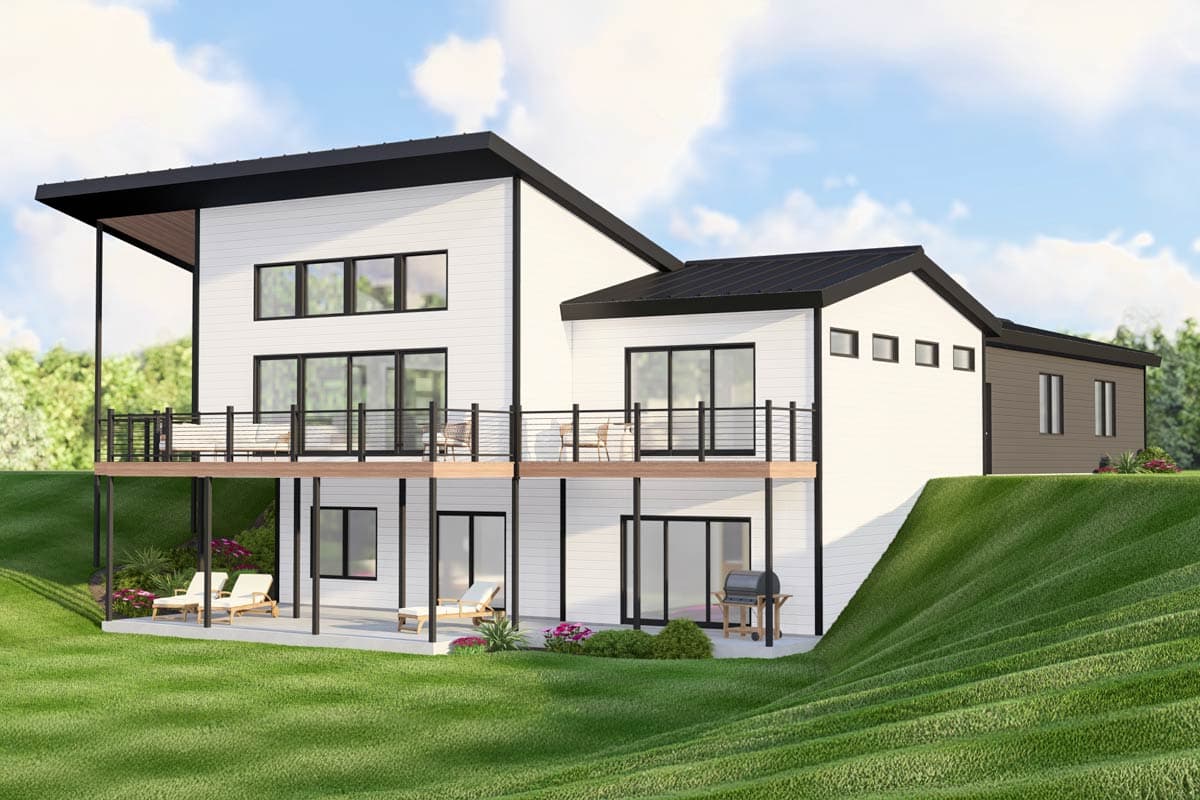 Modern house plan exterior: two stories, white siding, black trim, large windows, and a cantilevered roofline over a deck.