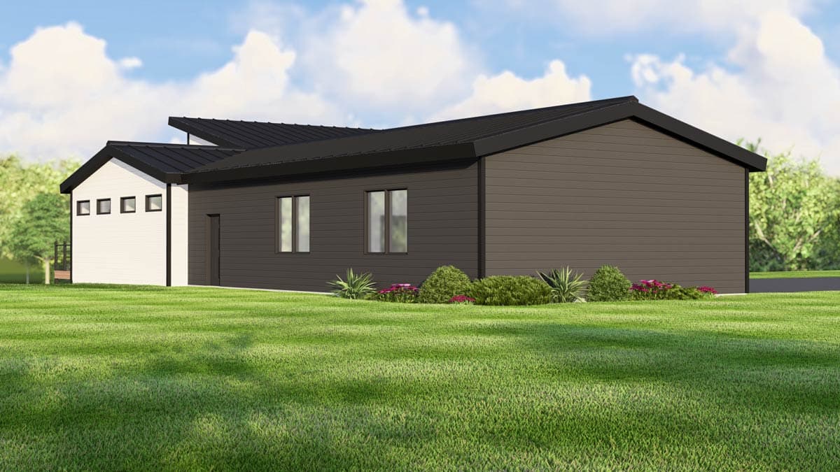 House plan exterior: Modern single-story with dark siding, white accent section, and asymmetrical roofline.