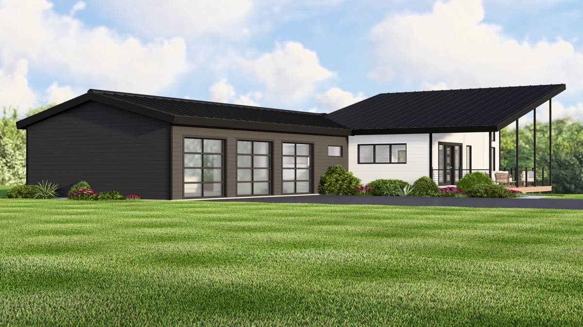 Modern house plan exterior with a dark gray facade, three glass garage doors, white siding, and a covered deck.