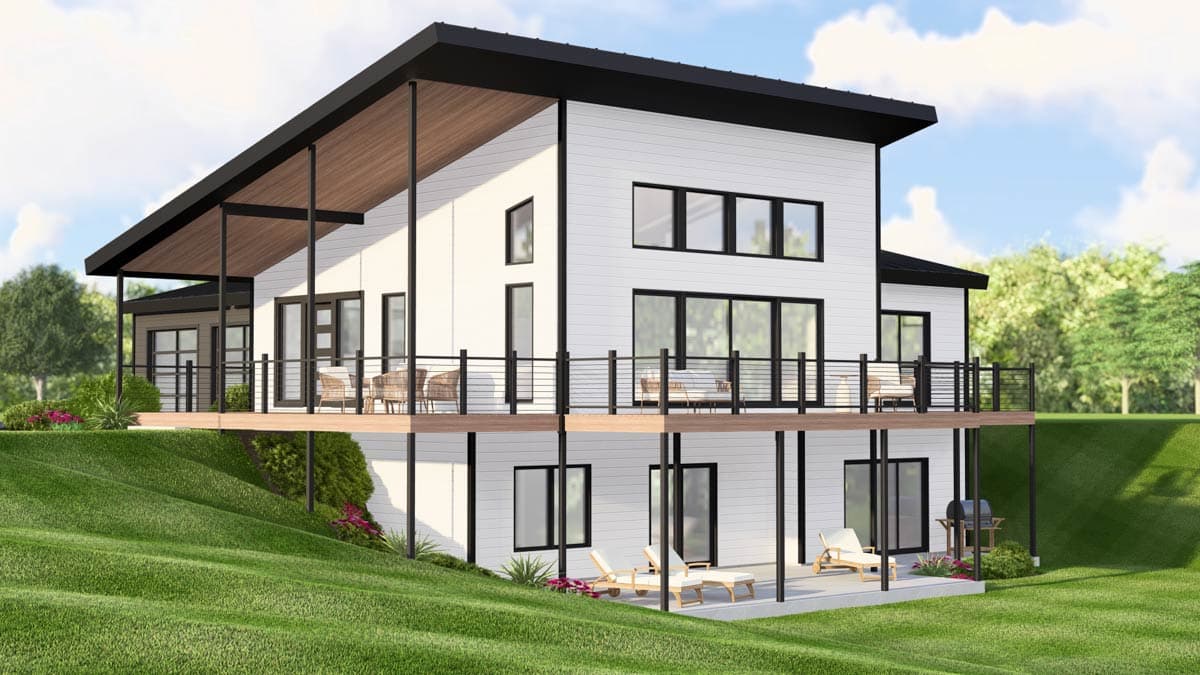 Modern house plan exterior with a cantilevered deck, large windows, a flat roof, and white horizontal siding.