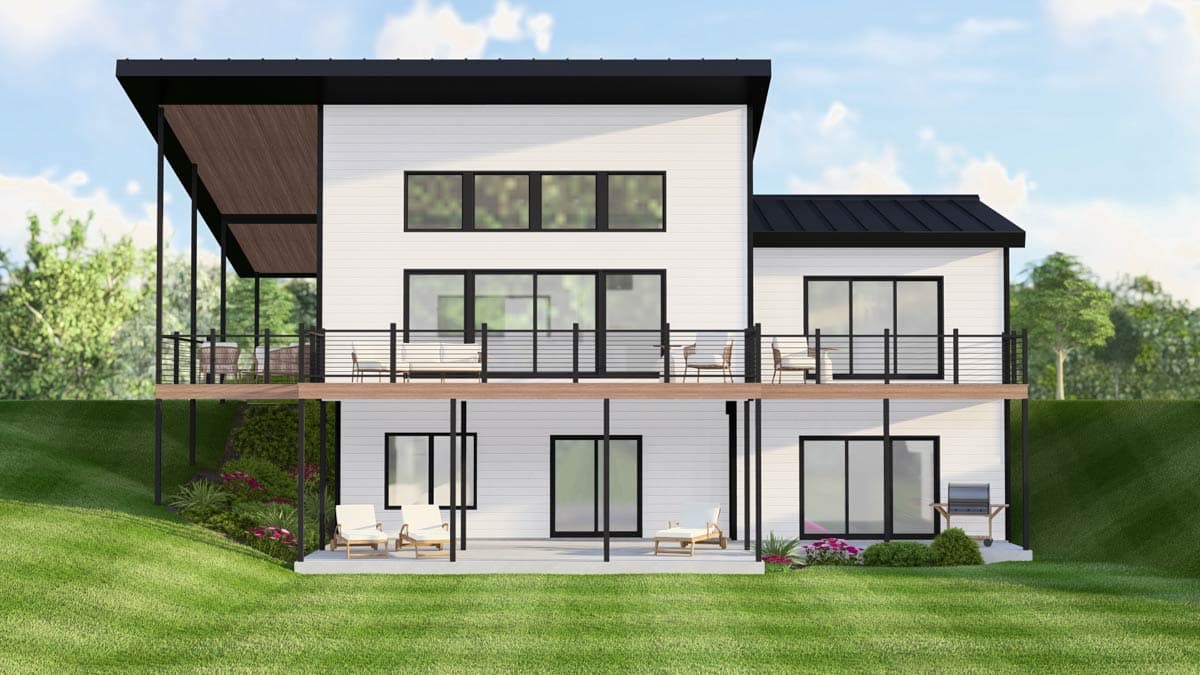 Modern house plan exterior, two stories, with cantilevered upper deck, white horizontal siding, and black metal roof.