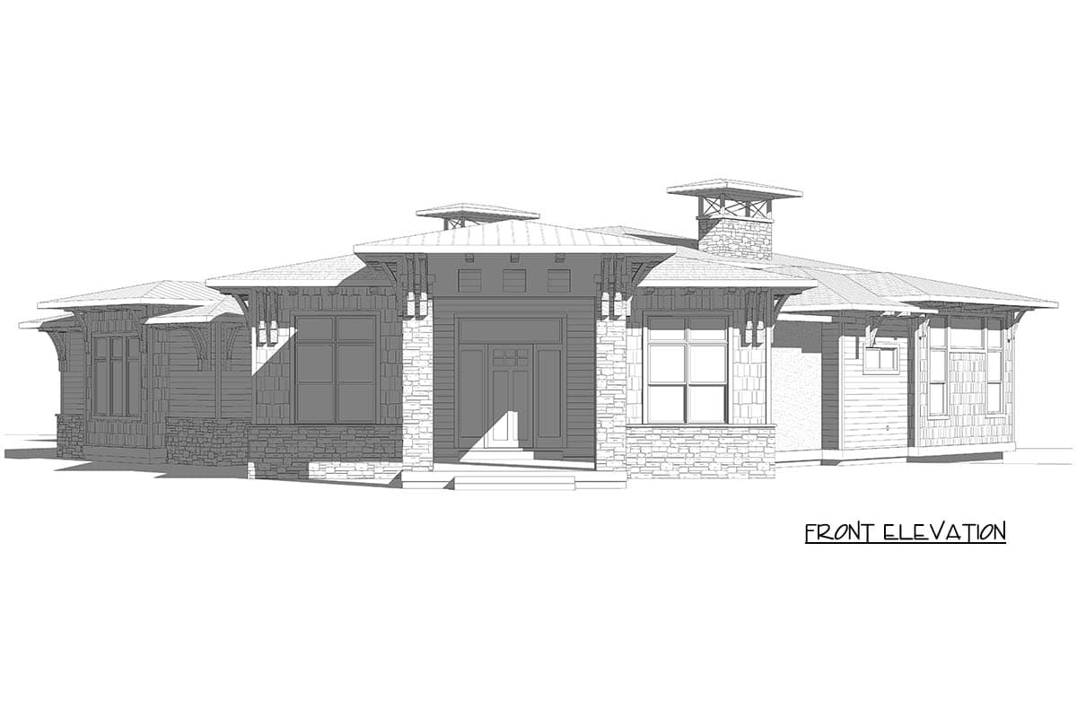 Front elevation drawing of a single-story house with layered rooflines, stone accents, and a prominent covered entryway.