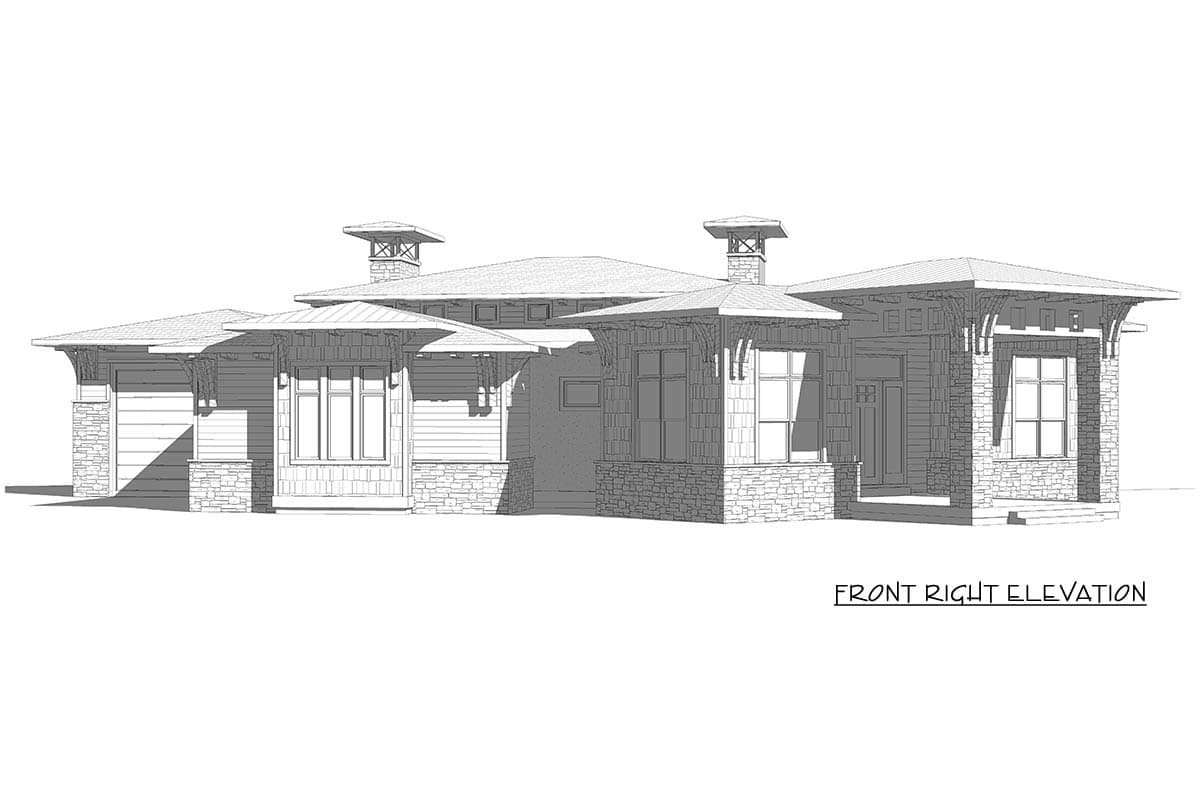 Front right elevation of a single-story house plan with stone and wood siding, multiple rooflines, and prominent chimneys.