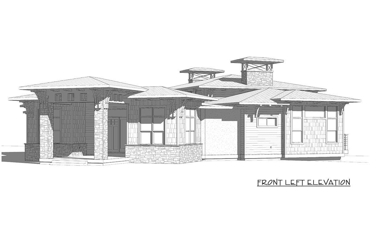 Front left elevation drawing of a single-story house with stone and clapboard siding, wide eaves, and multiple rooflines.