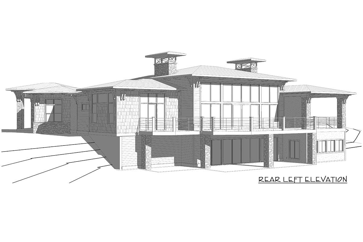Rear left elevation drawing of a modern house with multiple levels, balconies, and large windows.