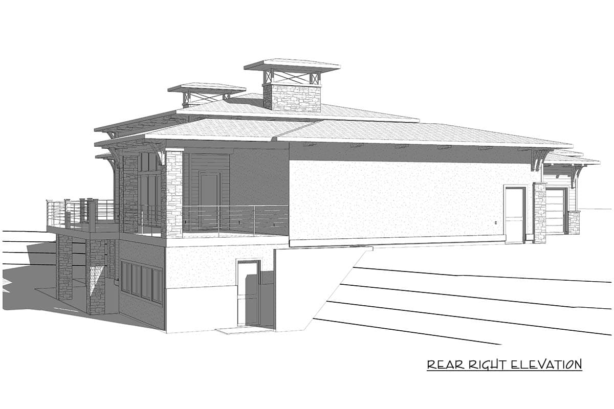 Rear right elevation of a two-story house plan featuring stone accents, multiple rooflines, a deck, and gabled dormers.
