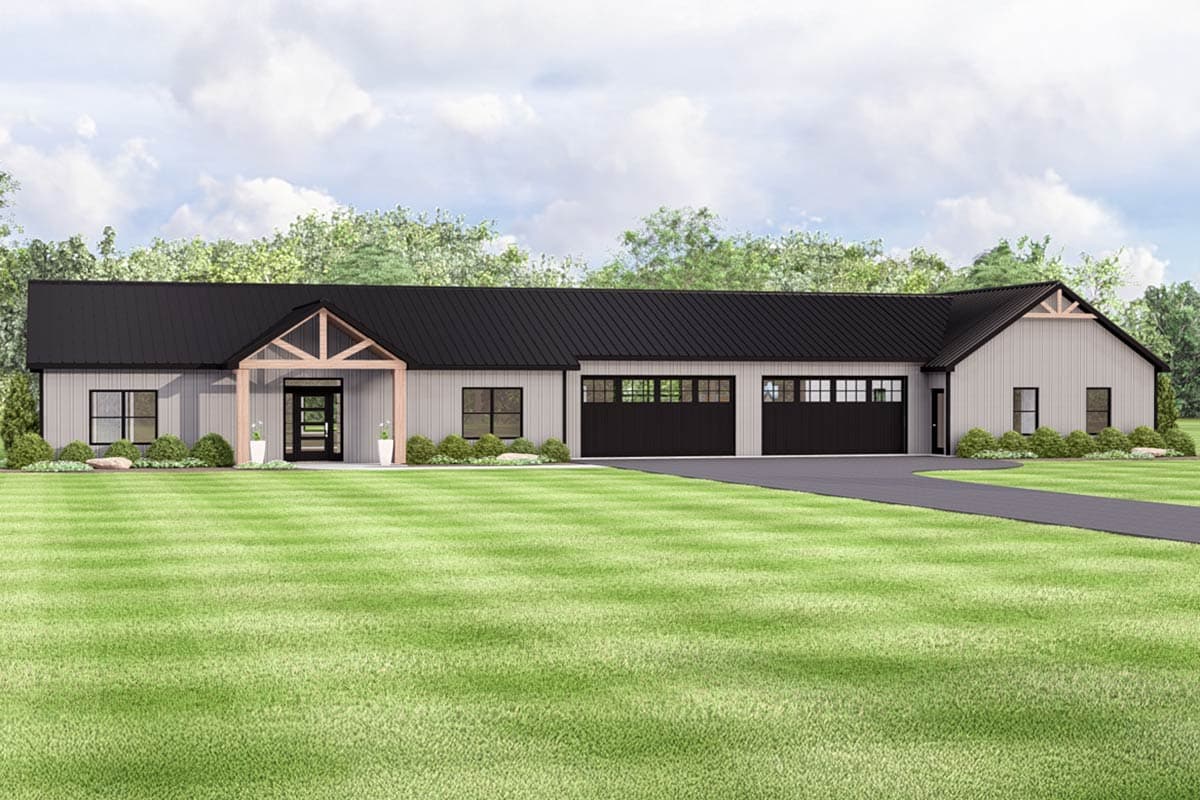 House plan exterior. Modern farmhouse style with a single story, front porch with exposed timber framing, and a metal roof over the garage.
