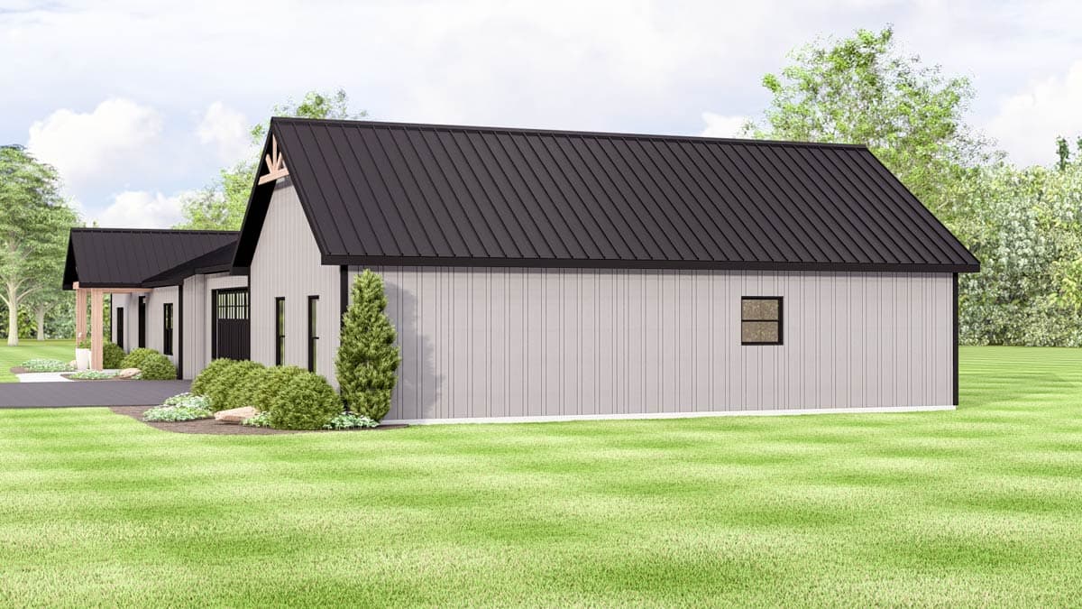 Modern house plan exterior with light gray vertical siding, black metal roof, covered entry with wood posts, and side-entry garage.