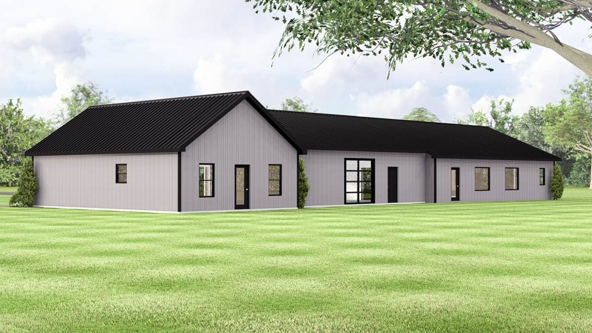 House plan exterior of a single-story modern home with a gable roof, vertical siding, and large windows.