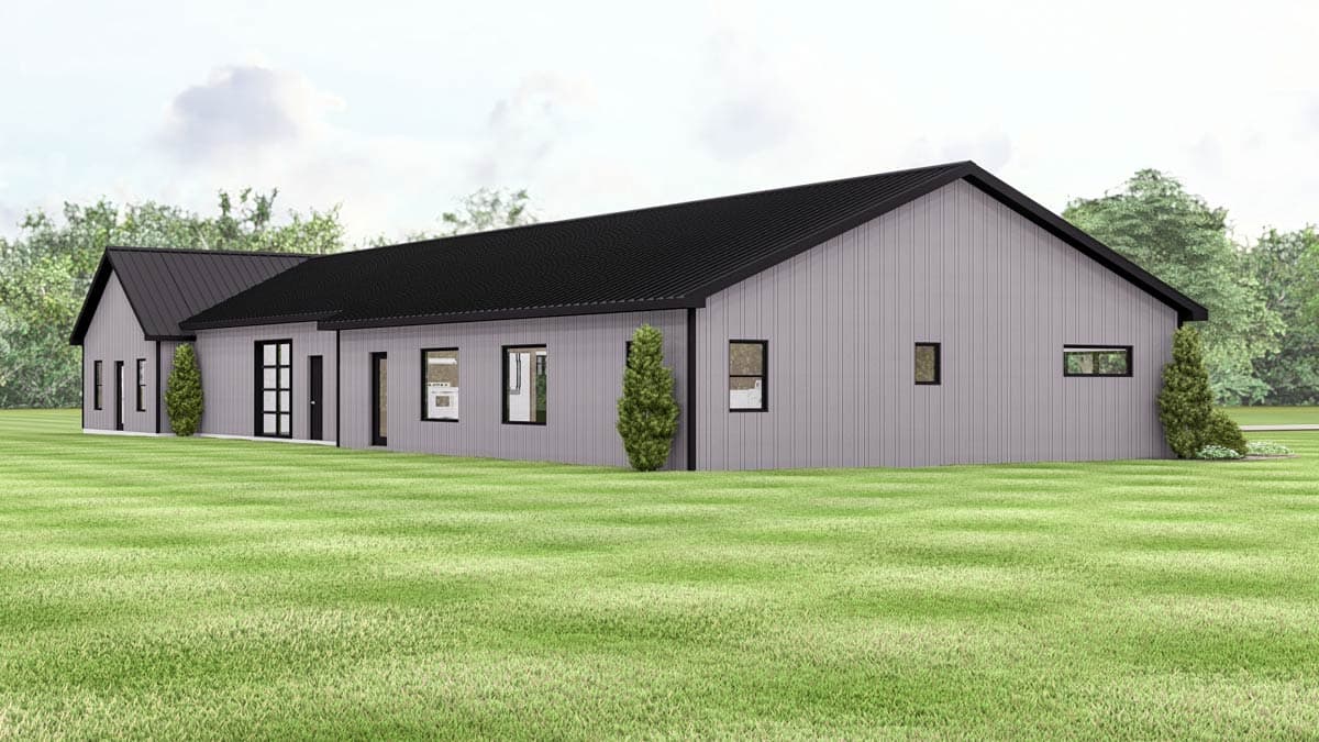 Modern ranch house plan exterior with a gray vertical board-and-batten exterior, dark metal roof, and numerous rectangular windows.