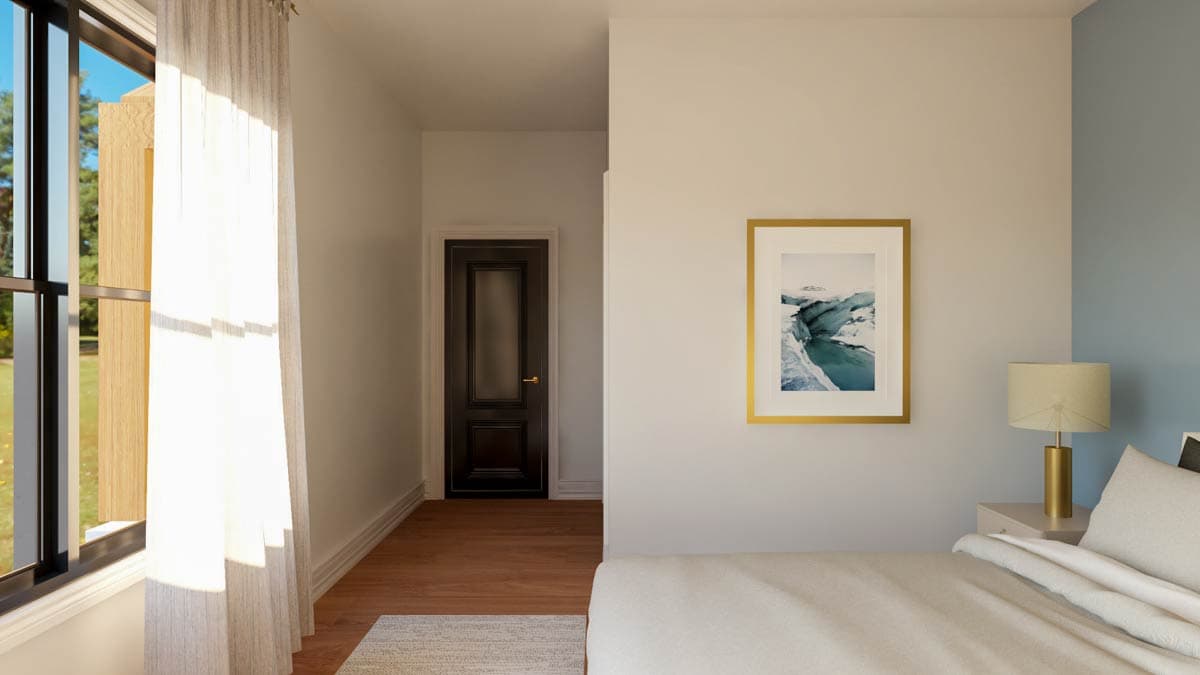 Interior rendering of a bedroom with a large window, doorway, and a bedside lamp. Accent wall with framed art.