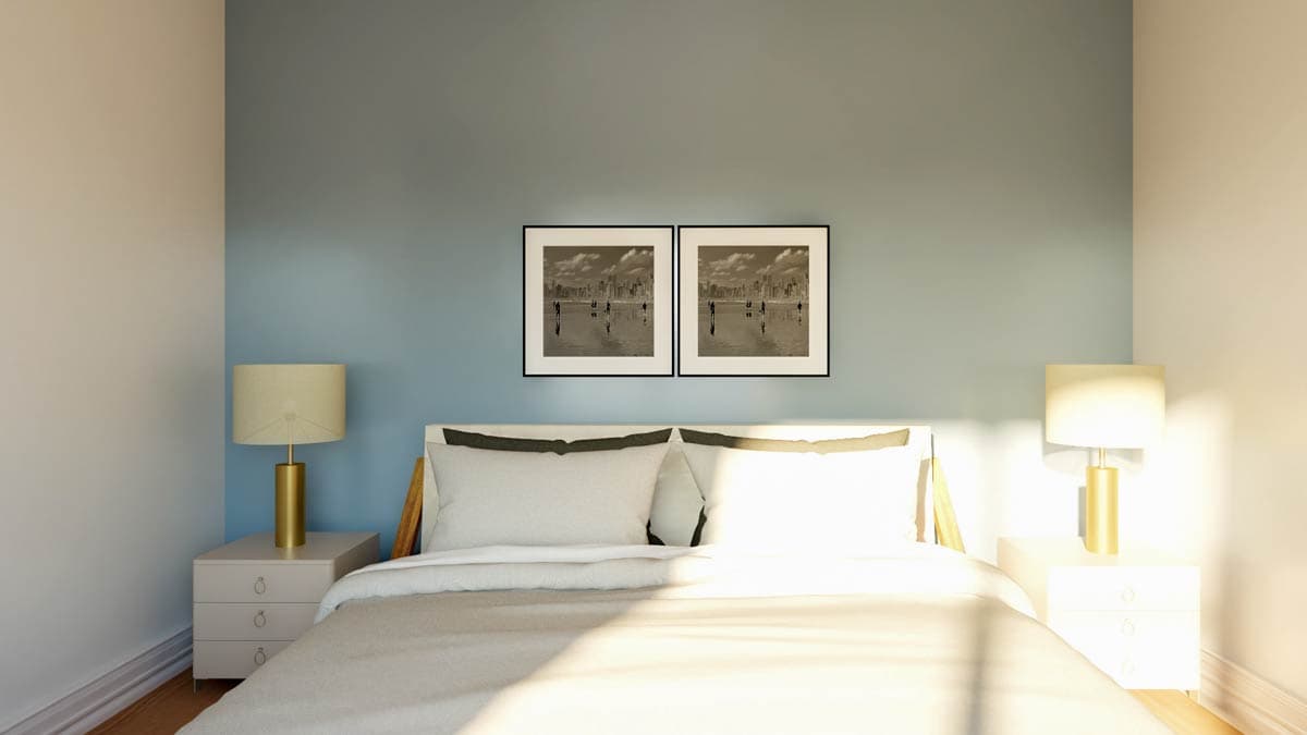 Bedroom rendering with a queen bed, two nightstands with lamps, and two framed artworks above the headboard.