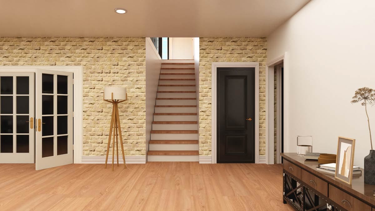Interior rendering of a hall with double doors, a staircase, a dark door, and wooden flooring. Stone accent wall visible.