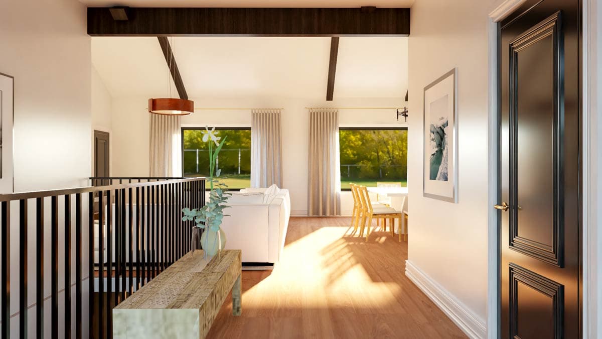 Interior rendering of a living area with vaulted ceiling, exposed beams, and large windows overlooking a yard. Dining area visible.