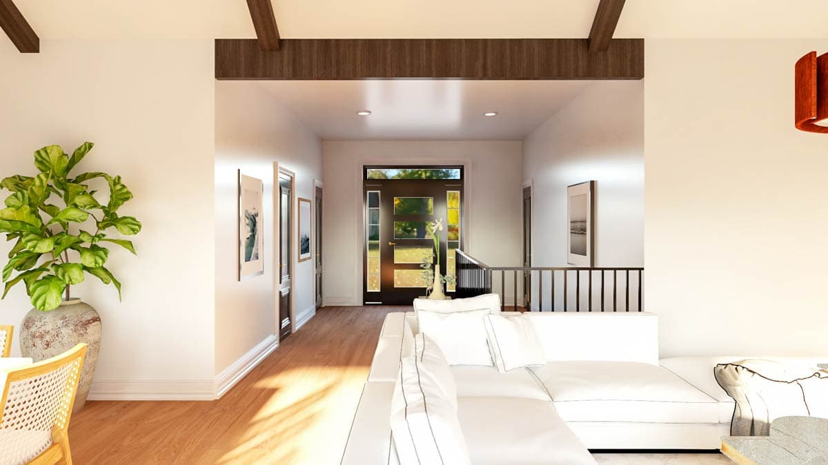 Interior rendering of a house entryway with wood beams, a glass-paneled front door, and a white sectional sofa.