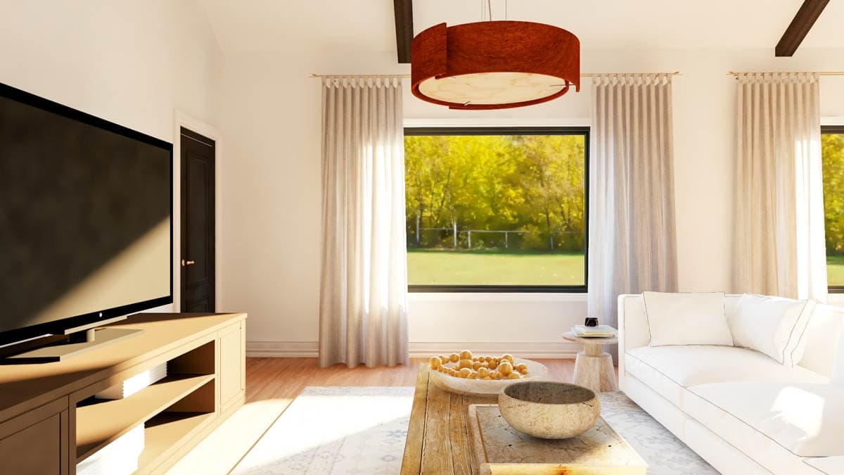 Living room rendering with large windows, a white sofa, television, and a wooden media console.