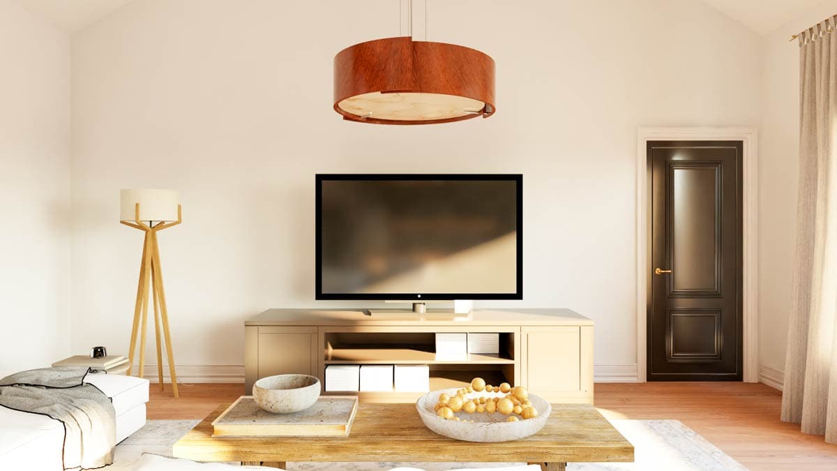 Interior rendering of a living room with vaulted ceiling, television on console, and dark paneled door.