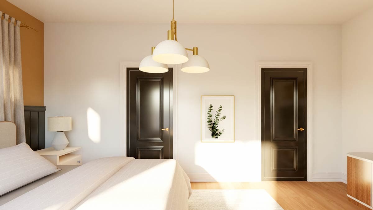 Interior rendering of a bedroom with two dark paneled doors, a white pendant light, and a framed botanical print.