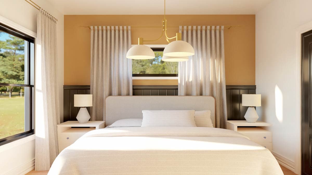 Primary bedroom rendering with upholstered headboard, dual nightstands, and a modern pendant light.