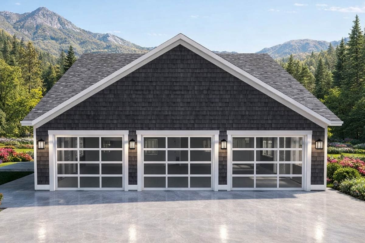 House plan exterior with three-bay garage, dark gray shake siding, gable roof, and glass garage doors.