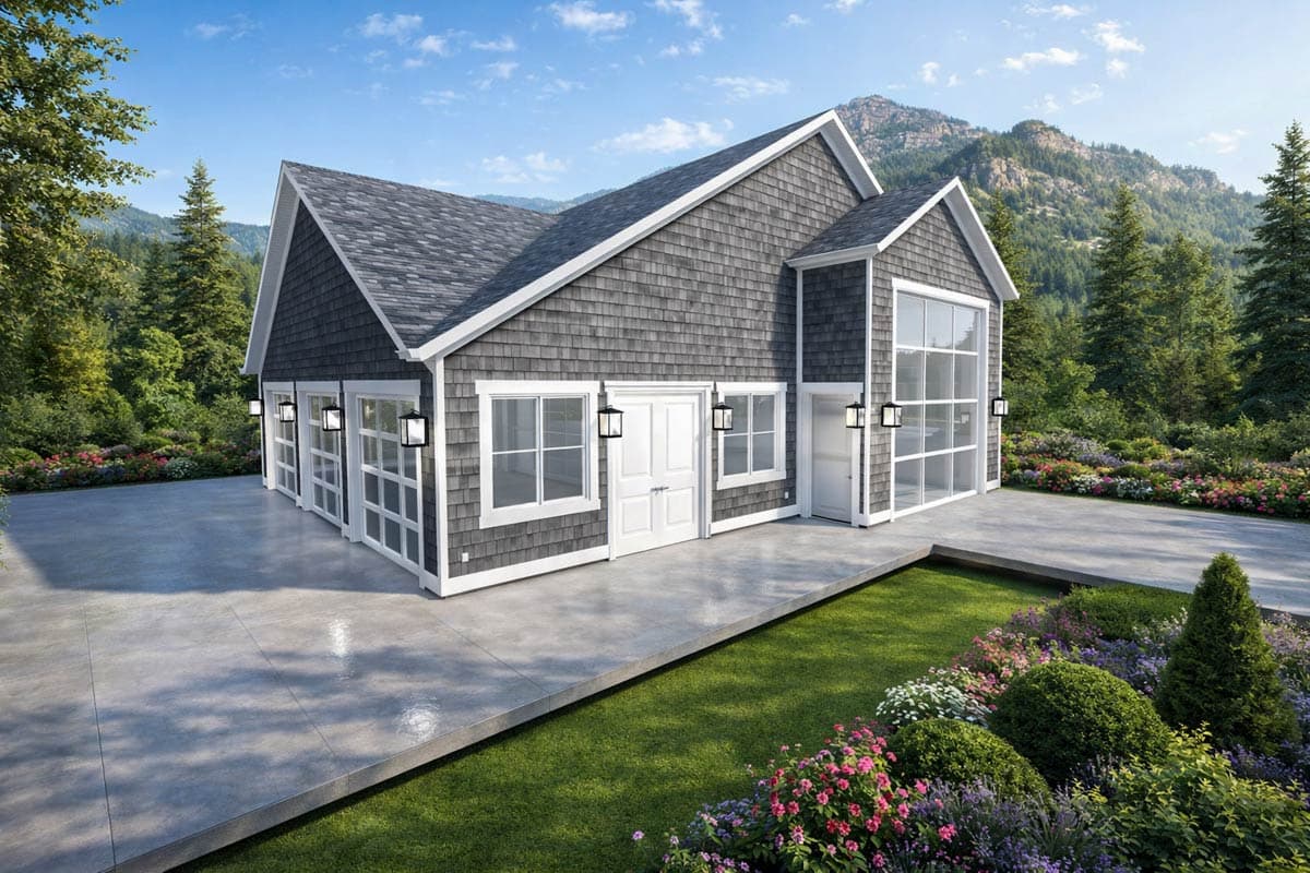 House plan exterior with shingle siding, multiple gables, three garage doors, and large windows.