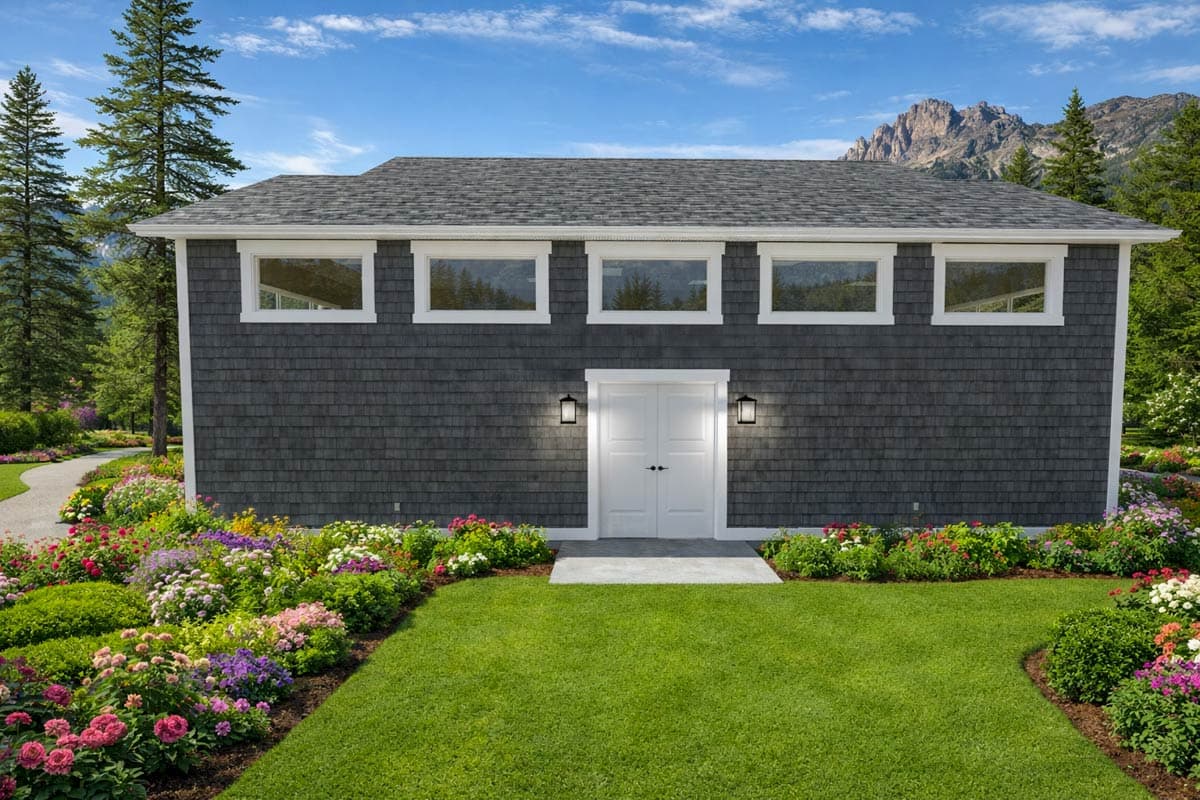 House plan exterior featuring dark gray shingle siding, a symmetrical double door entrance, and a row of five upper-level windows.