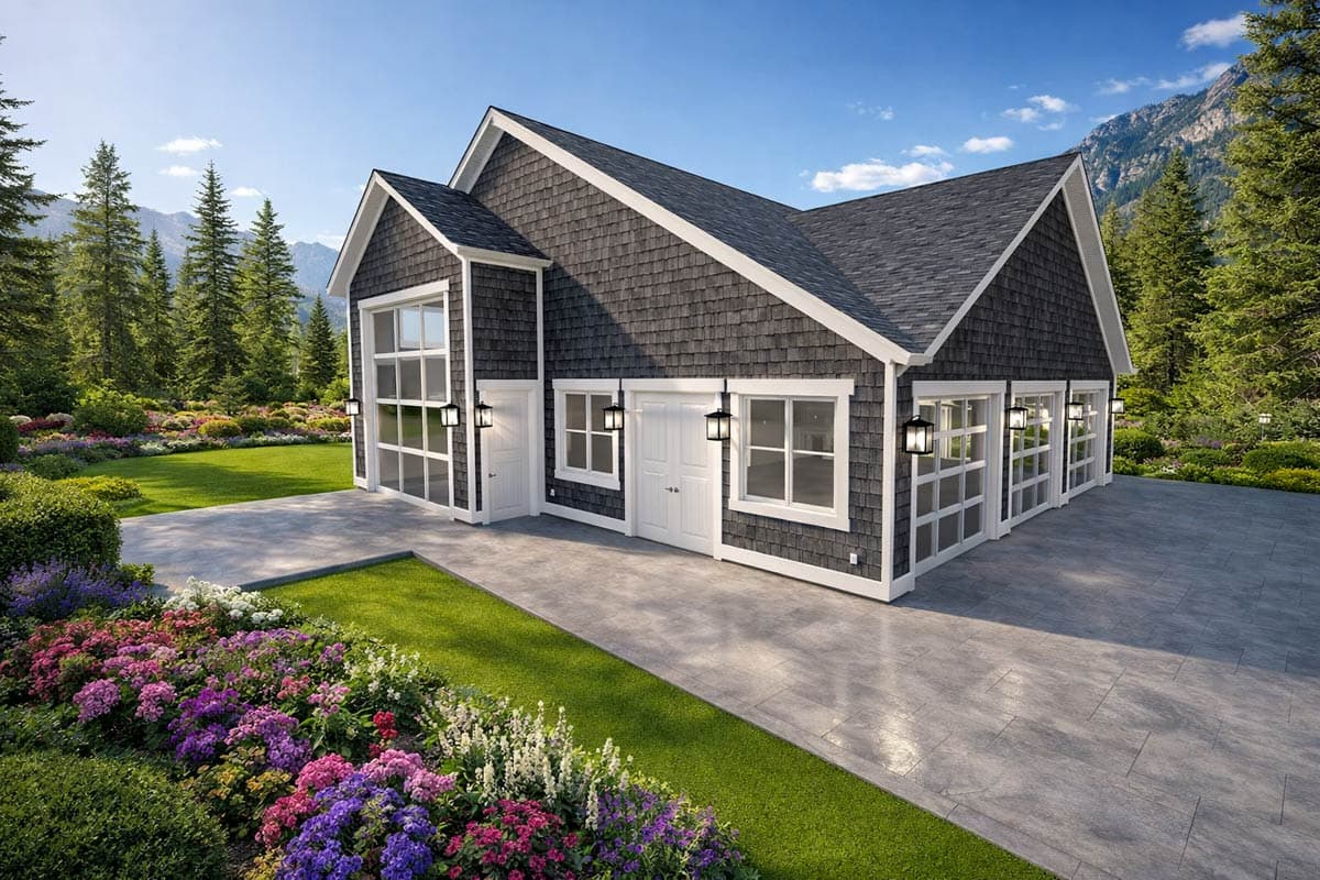 House plan exterior with dark shingle siding, gabled roof, large windows, and three glass garage doors. Two-story.