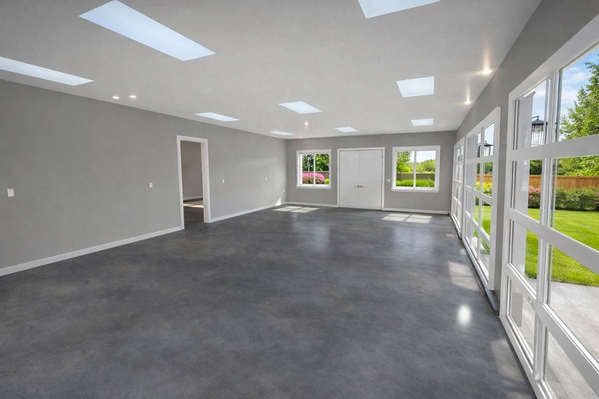 Interior rendering of an open room with a concrete floor, skylights, large windows, and double doors leading outside.