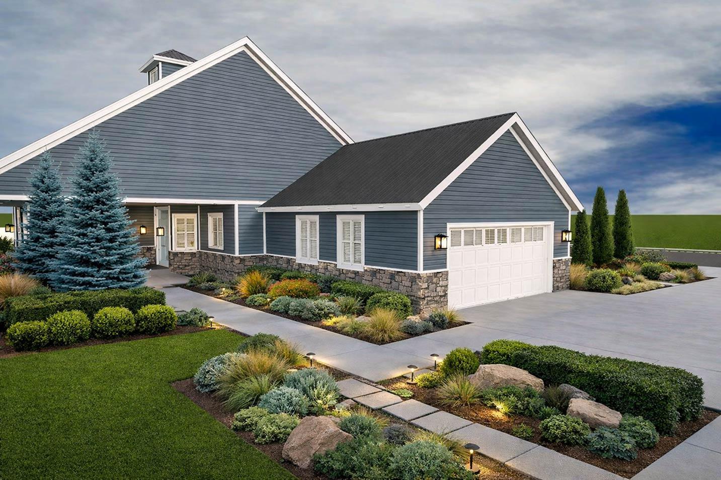 House plan exterior featuring a two-story Modern Farmhouse design with blue siding, stone foundation, dormer, and attached garage.
