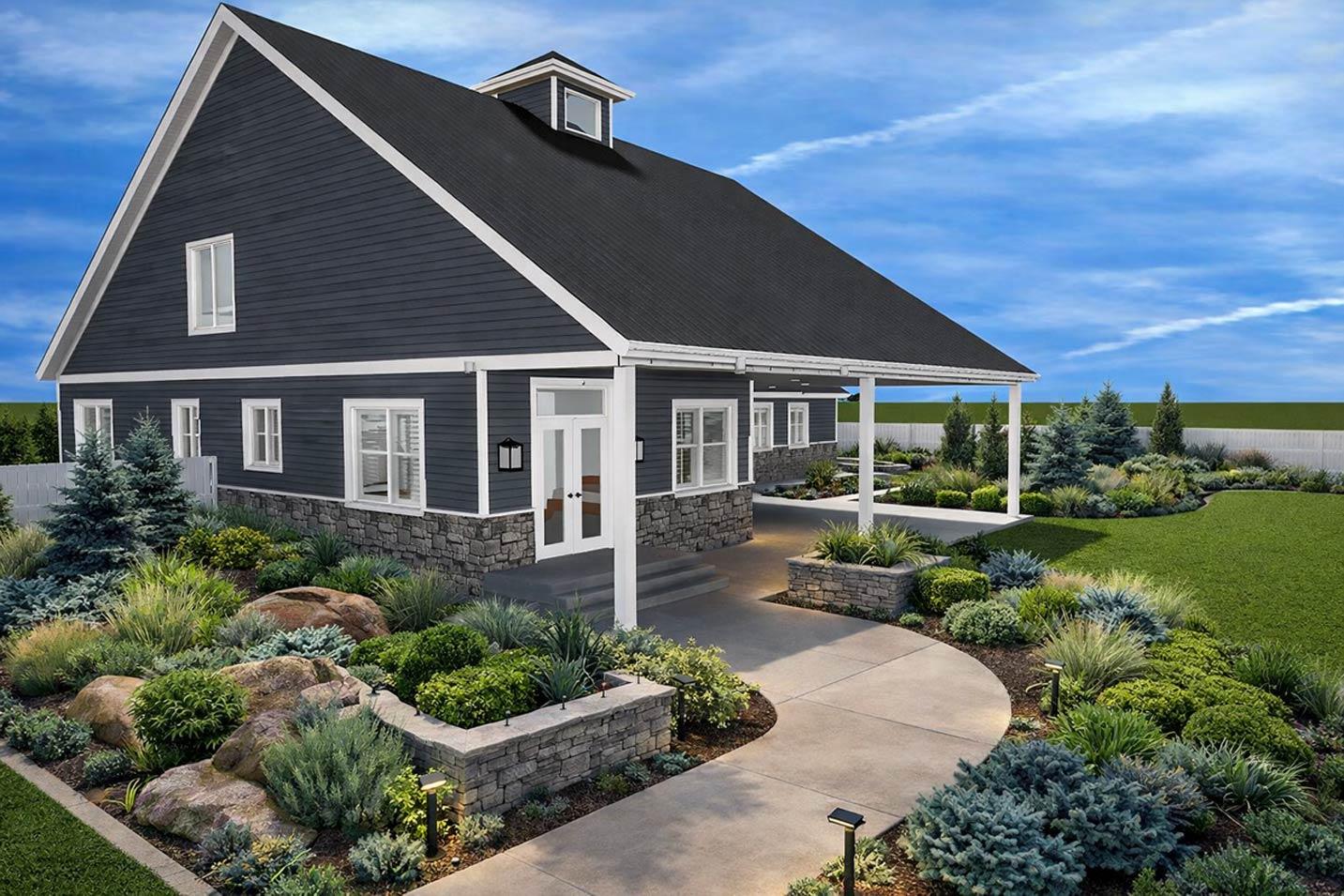 House plan exterior: two-story dark gray home with stone base, gabled roof, dormer, and covered walkway.