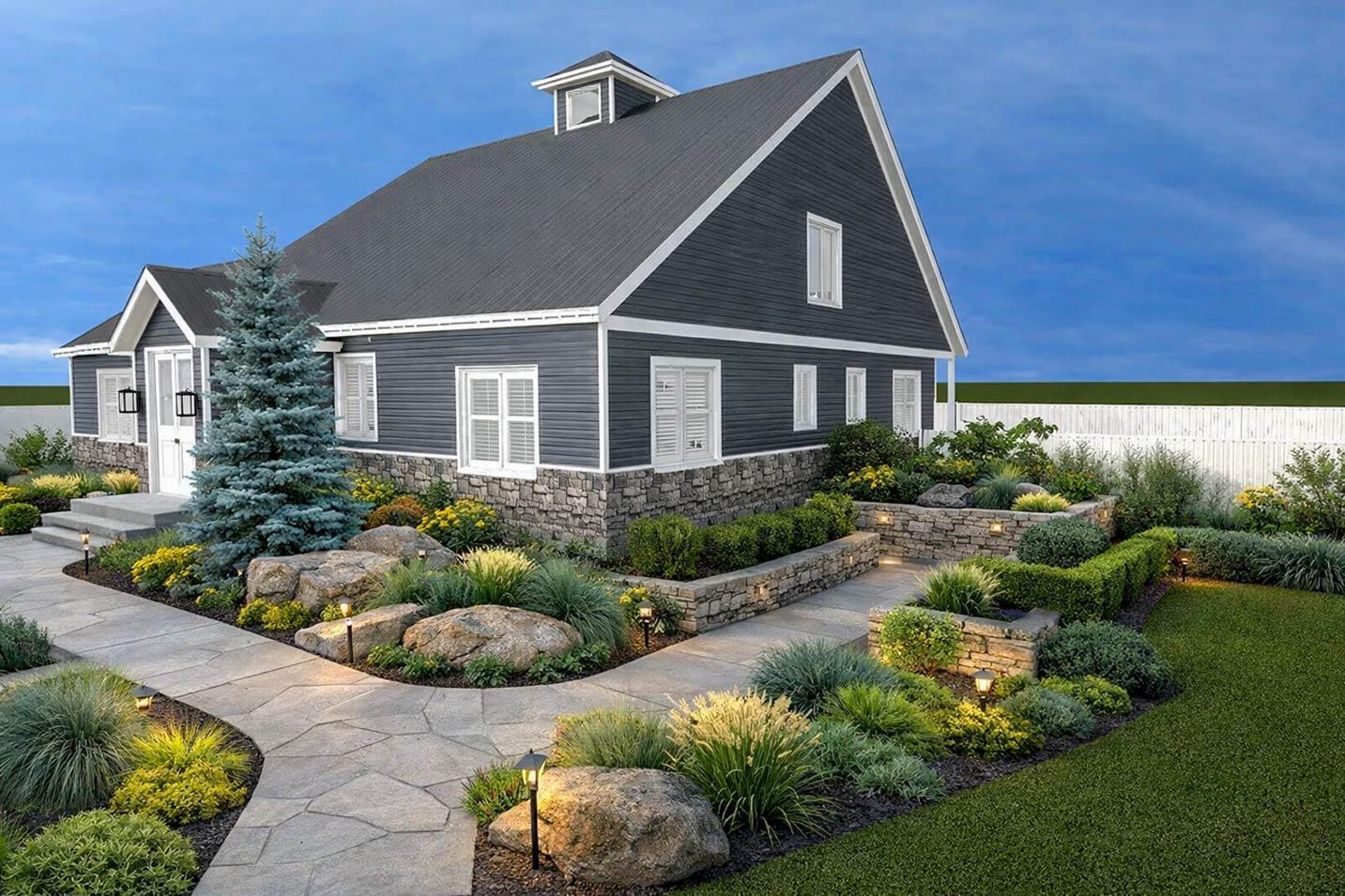 House plan exterior: Two-story home with dark siding, stone foundation, gabled roof, dormer, and front porch entry.