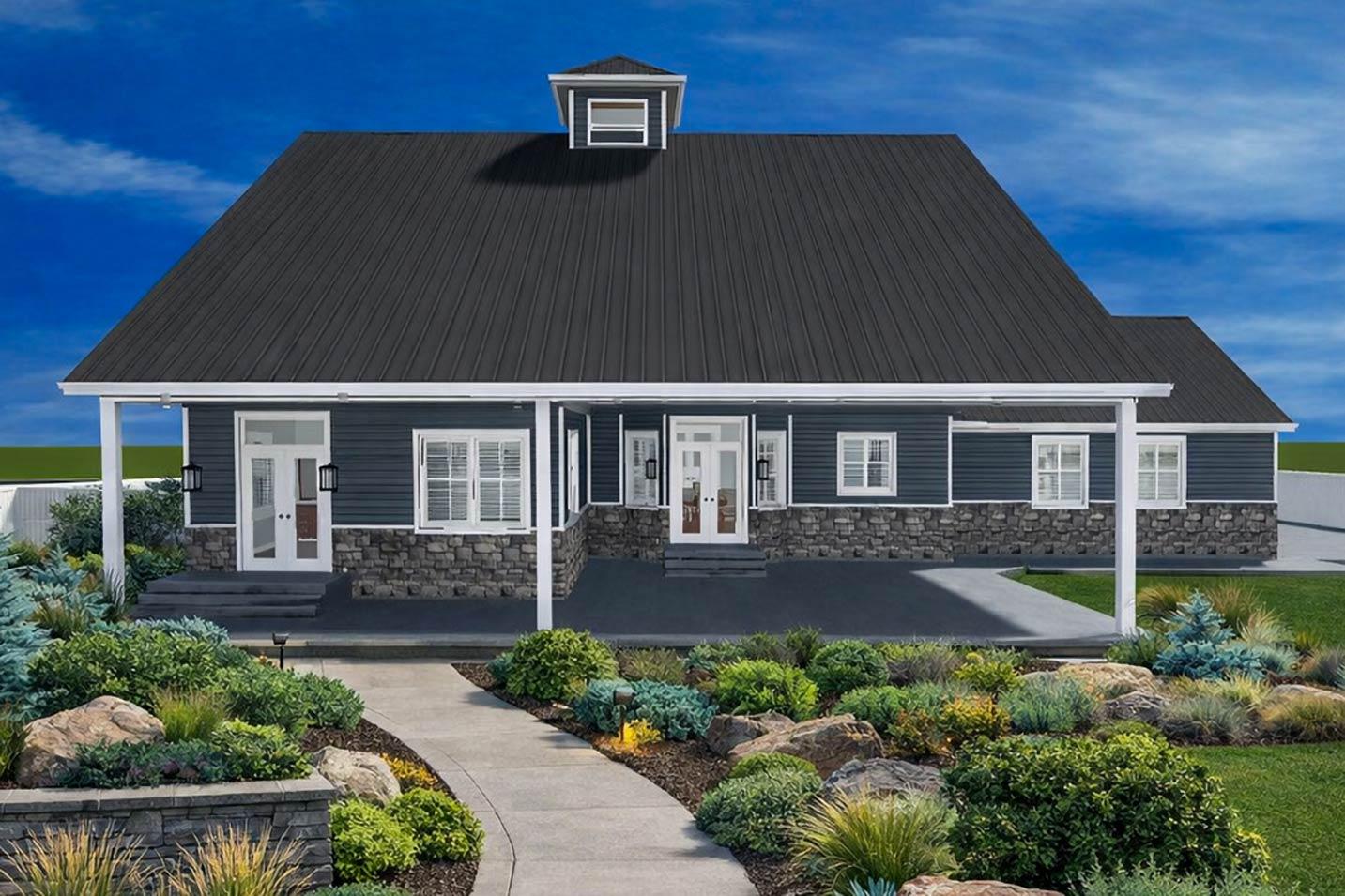 House plan exterior with metal roof, covered porch, and stone-veneer foundation. Includes a dormer and multiple windows with shutters.