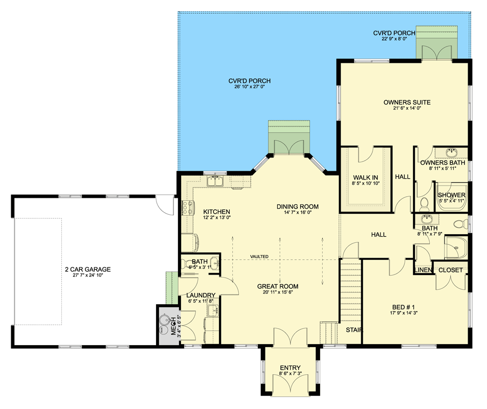Plan 61729UT: 2 Bedroom Craftsman House Plan with Wrap Around Porch and Vaulted Great Room - Floor Plan - Main Level - Craftsman, Traditional