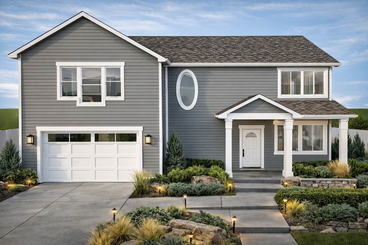 House plan exterior with two stories, a gabled roof, a front porch, and an attached garage. Features an oval window and horizontal siding.