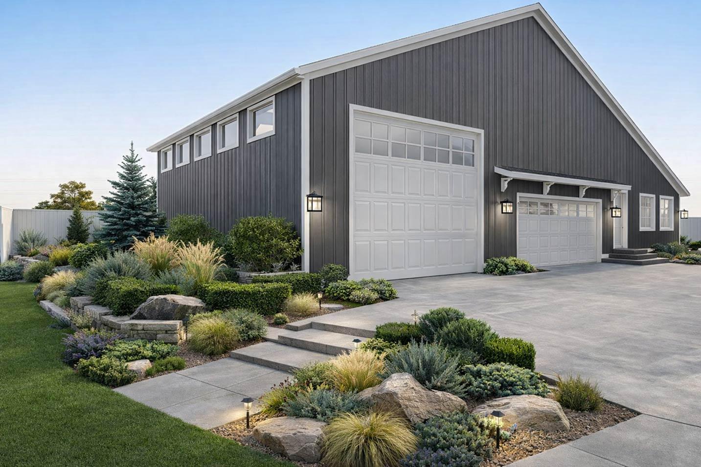 Modern farmhouse house plan exterior with vertical siding, two garages, and a tiered landscape entrance.
