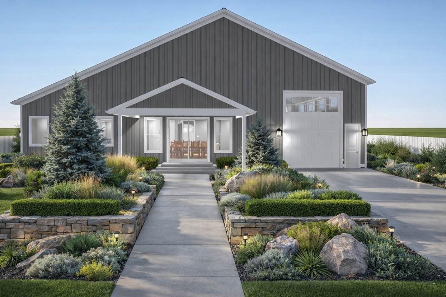Modern Farmhouse house plan exterior with gabled roof, covered porch, and attached garage with a large overhead door.