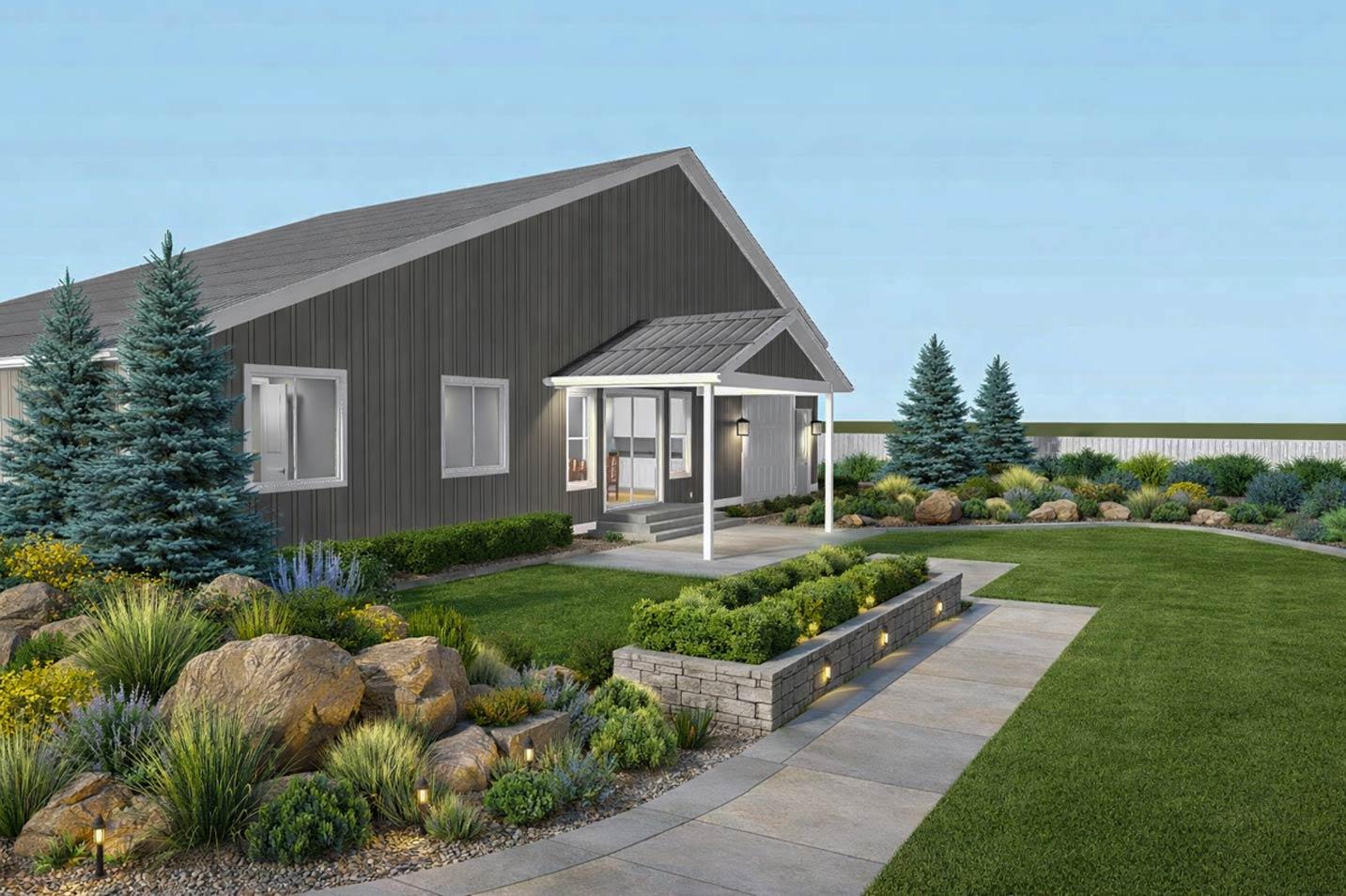 House plan exterior: Single-story modern design with a covered front porch, gable roof, vertical siding, and accent landscaping.
