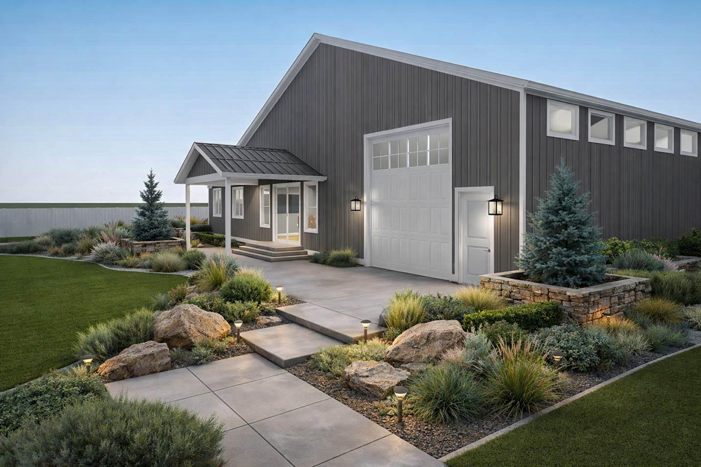 House plan exterior: Modern style with vertical siding, prominent gable roof, large garage door, and covered entryway.