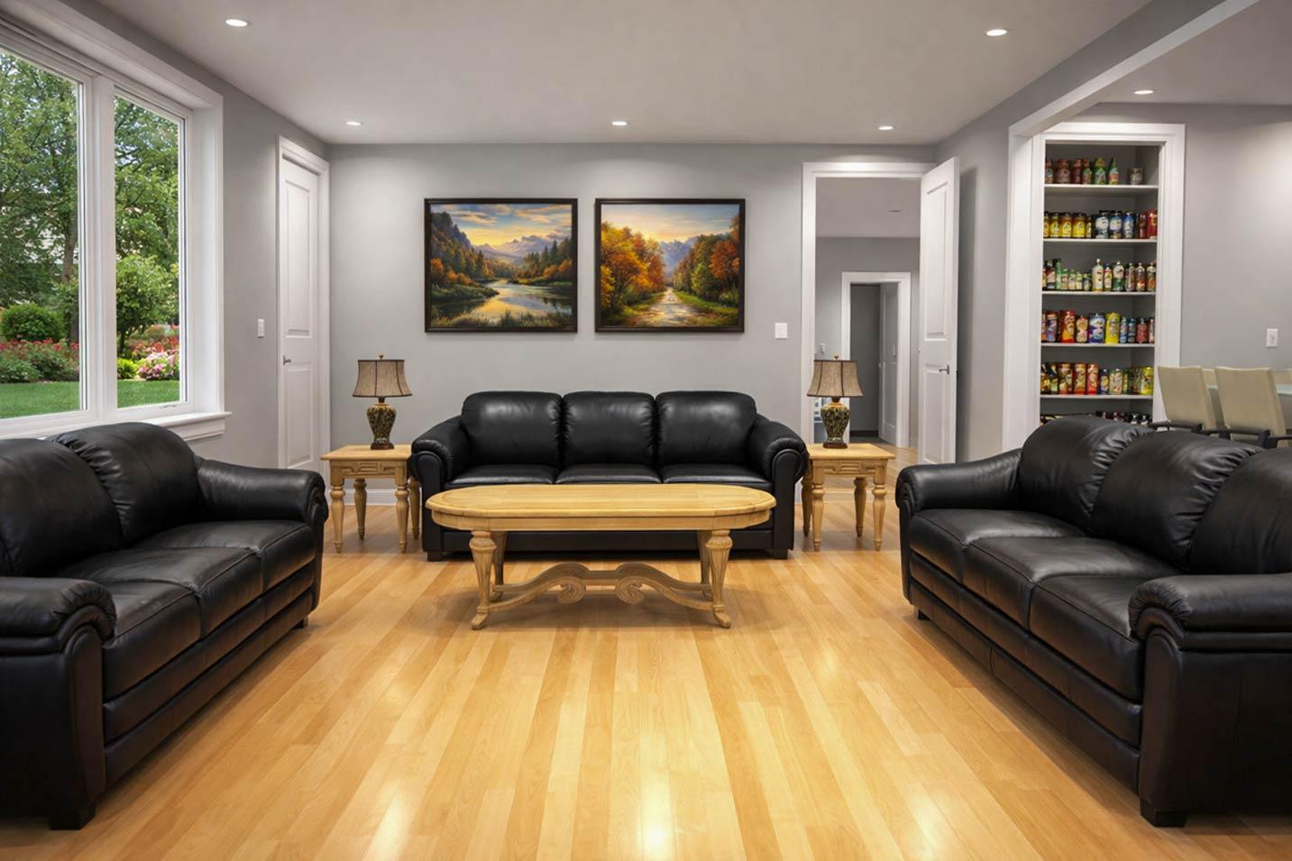 Living room with black leather sofas, wood coffee table, two landscape paintings, and a pantry with shelves of food.