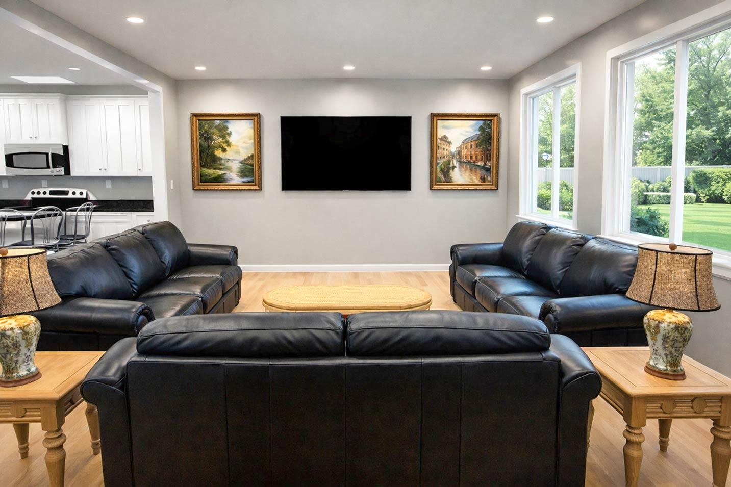 Living room with black leather sofas, coffee table, and fireplace. Kitchen with white cabinets visible.