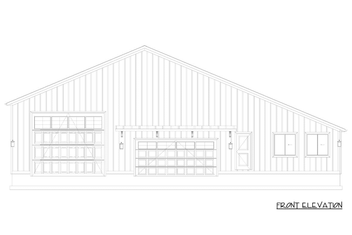 Front elevation of a house plan featuring a large double garage door, a single garage door, and two windows.