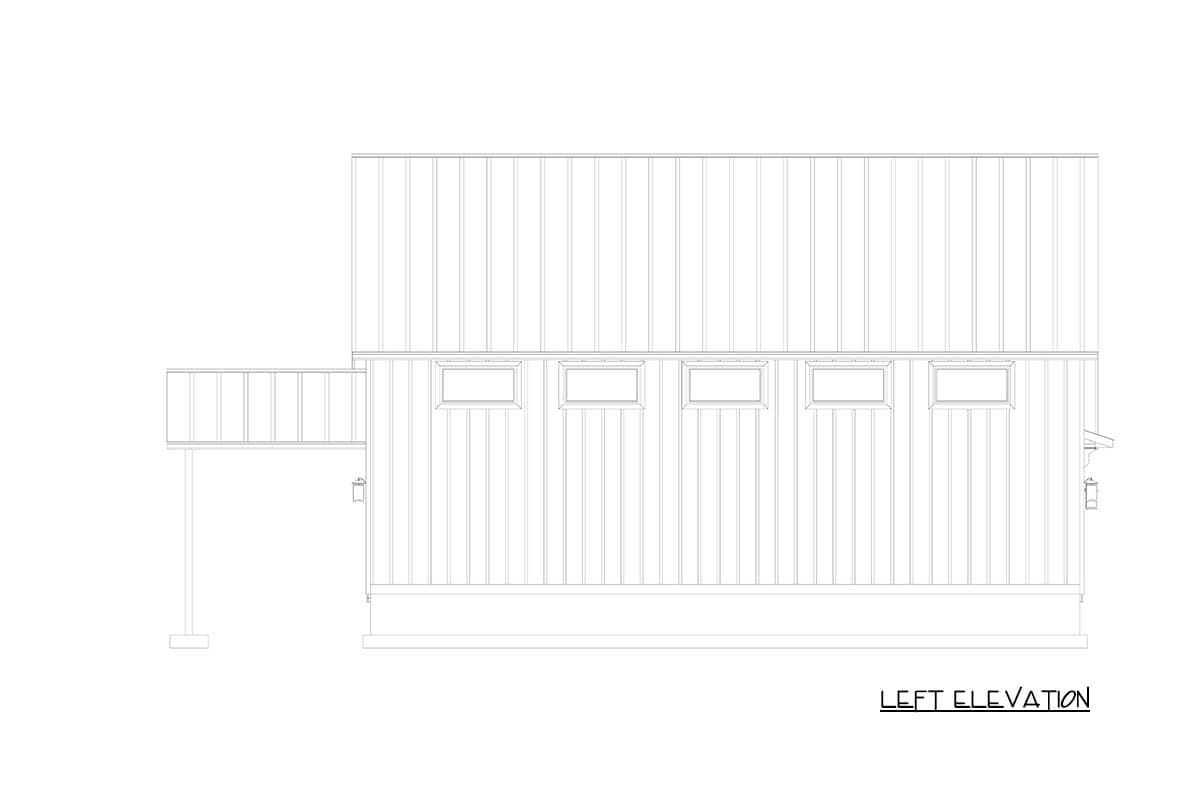 Left elevation drawing of a house plan showing vertical siding, a deck, and four rectangular windows.