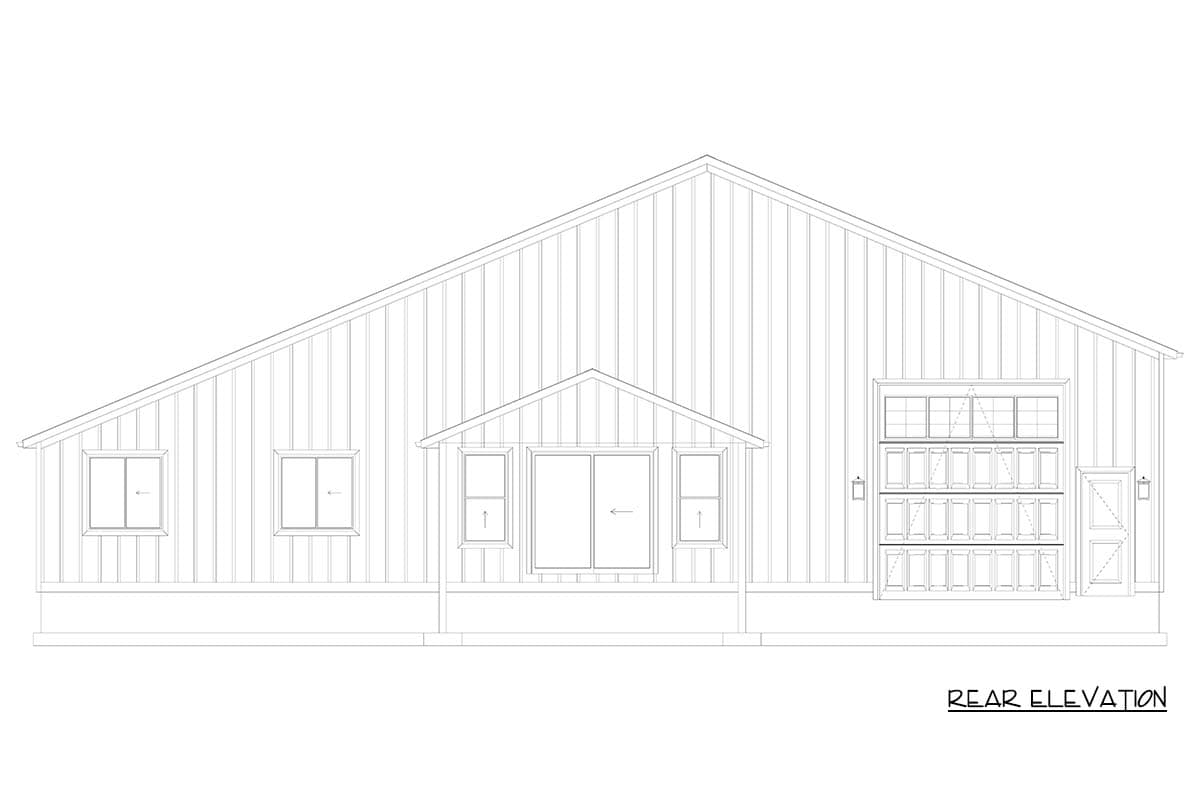 Rear elevation drawing of house plan with vertical siding, porch, garage door, and windows.