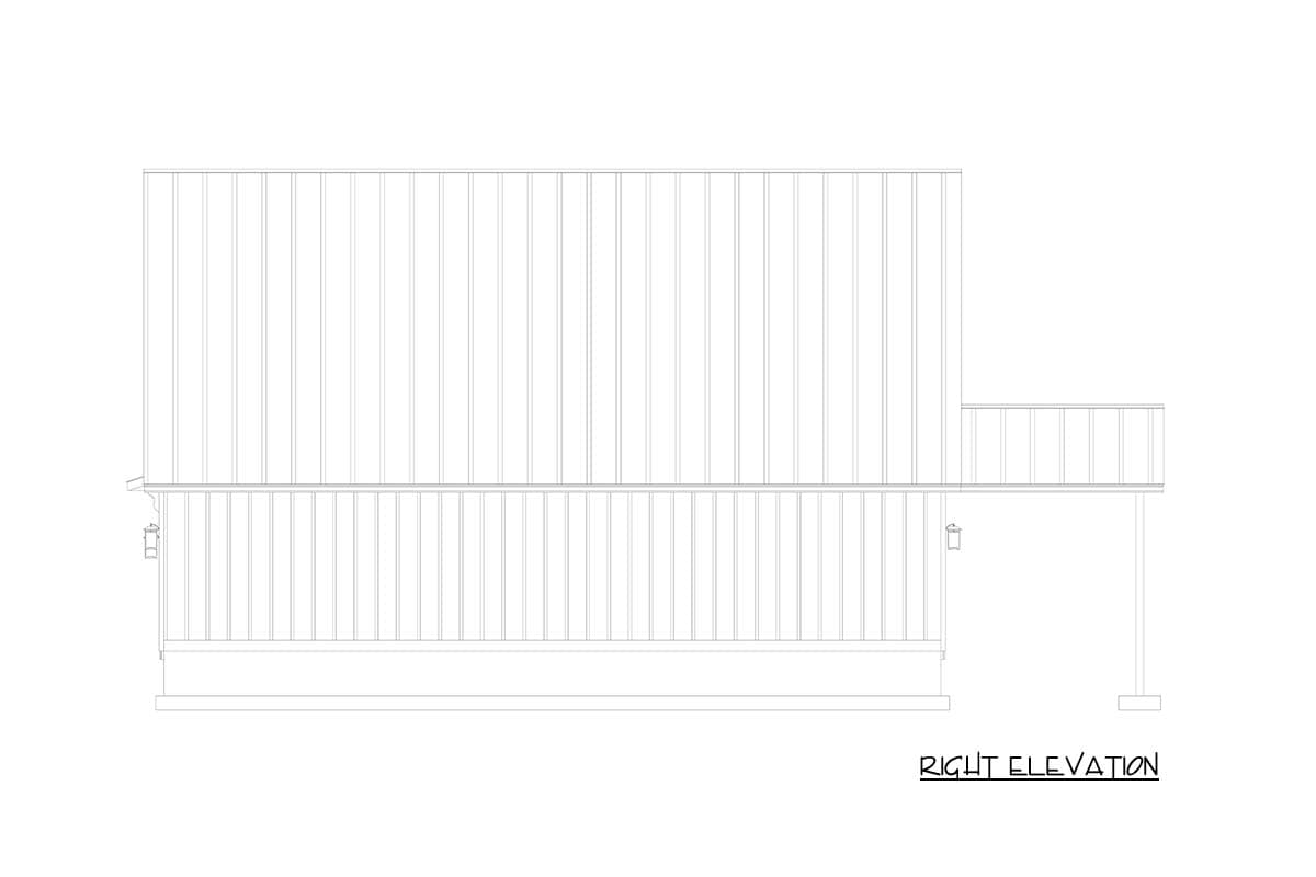 House plan right elevation showing vertical siding, a second-story balcony, and a covered porch with a light fixture.