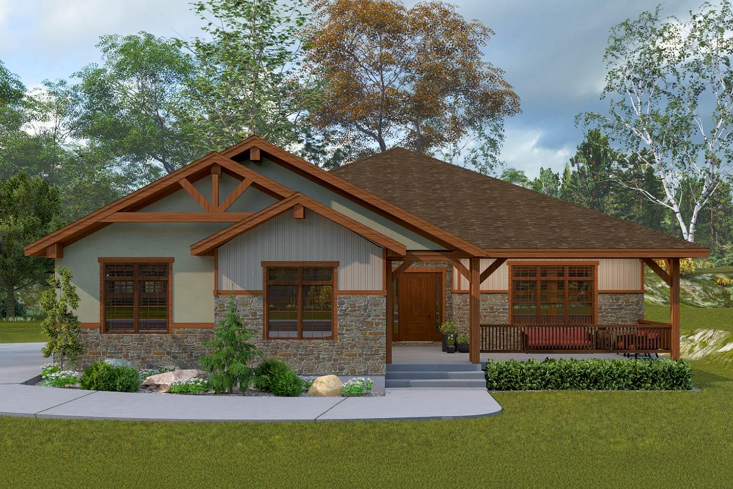 Craftsman style house plan exterior: one story with stone accents, exposed rafter tails, and covered front porch with railing.